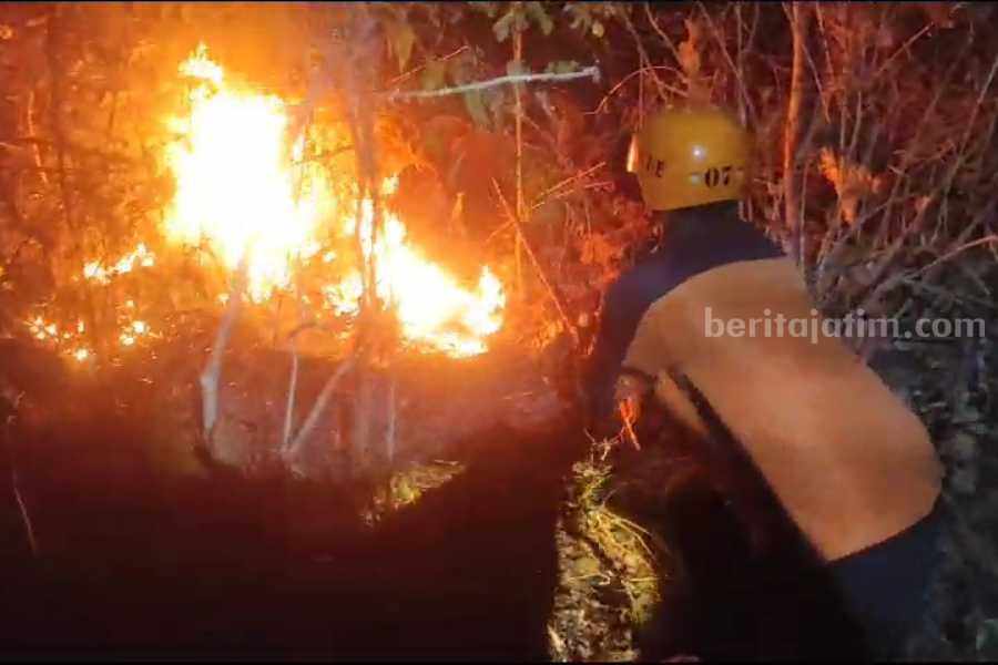 BPBD Magetan dan petugas gabungan saat memadamkan api di hutan jati Gunung Bungkuk, Parang, Magetan, Minggu (27/7/2023) pukul 18.15 WIB.
