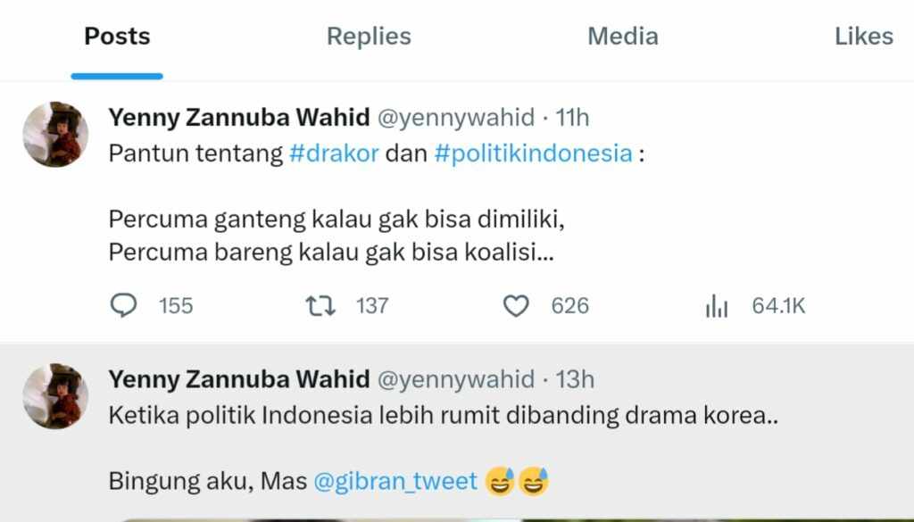 Yenny Wahid, Anak Gus Dur Bandingkan Drakor dan Politik Indonesia: Bingung Aku, Mas Tangkapan layar postingan Yenny Wahid di Twitter. (Foto: akun Twitter @yennywahid)