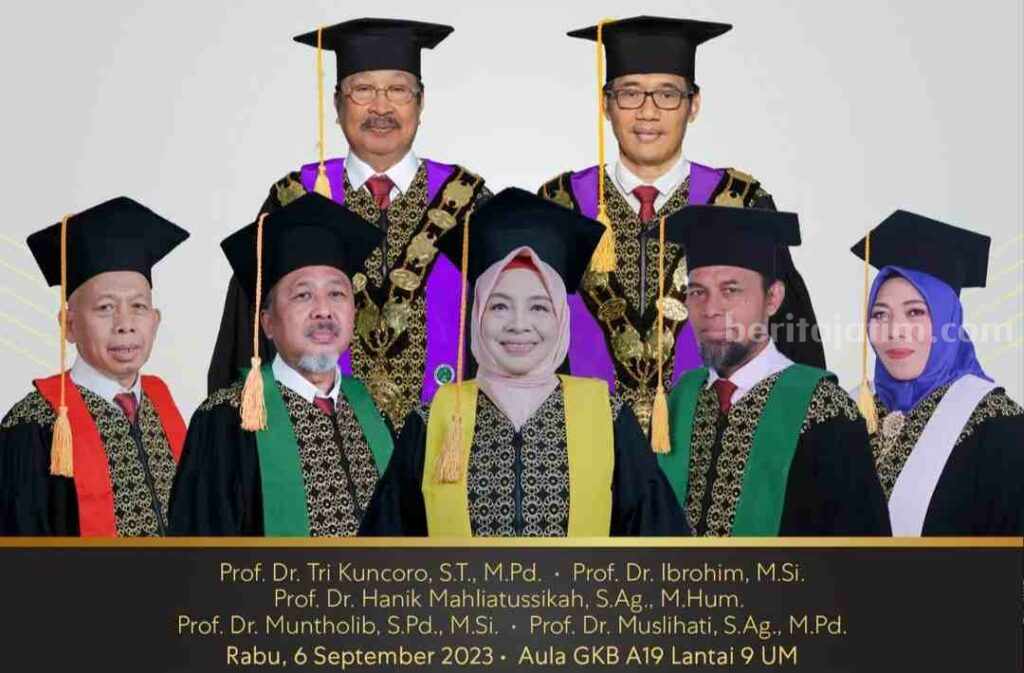 Kukuhkan 5 Guru Besar Baru, Universitas Negeri Malang Kini Miliki 136 Guru Besar Bawah: Kelima Guru besar baru UM, atas: Ketua Senat Akademik dan Rektor UM (Foto: Istimewa)