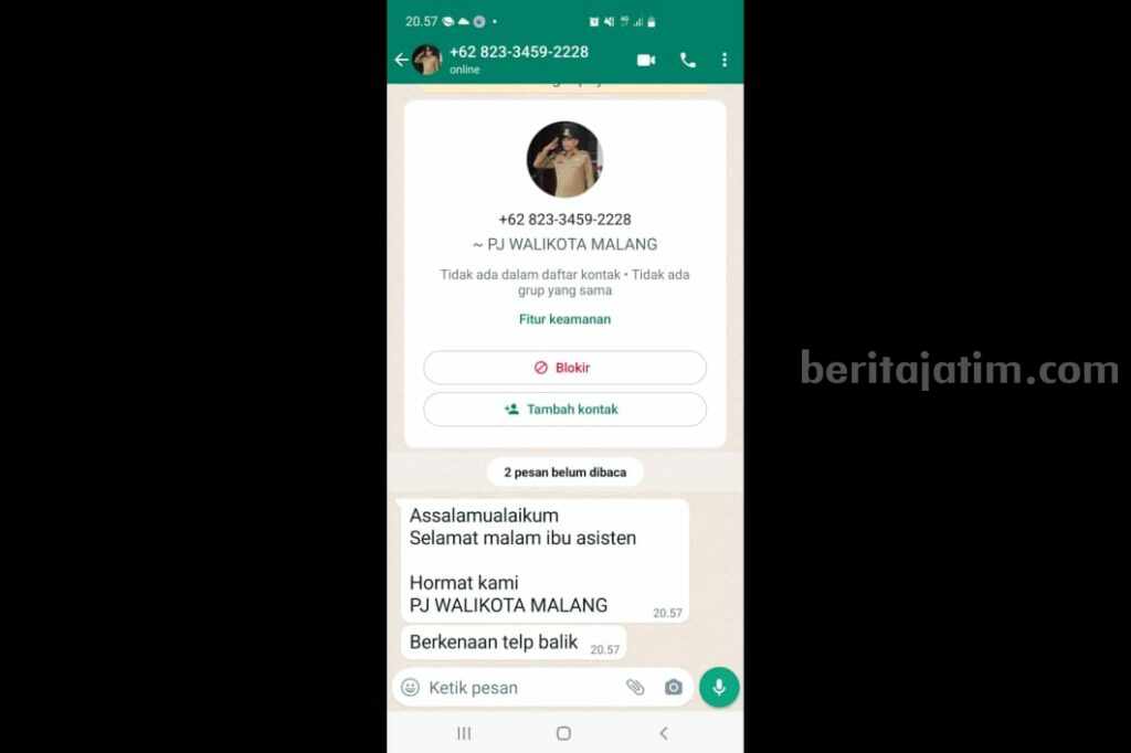 Tangkapan layar modus penipuan yang mencatut nama pejabat.