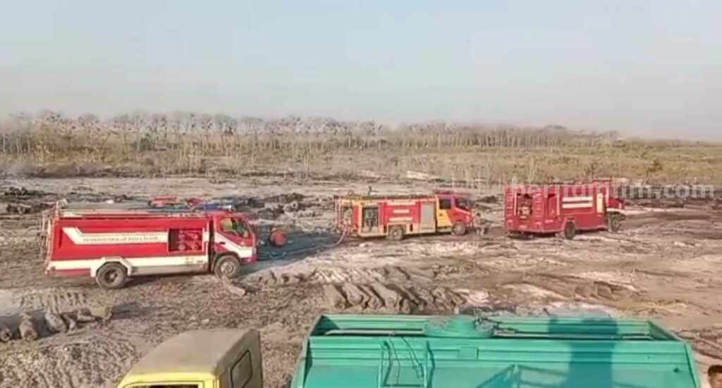 Petugas Damkar saat memadamkan api di lokasi kebakaran lahan.