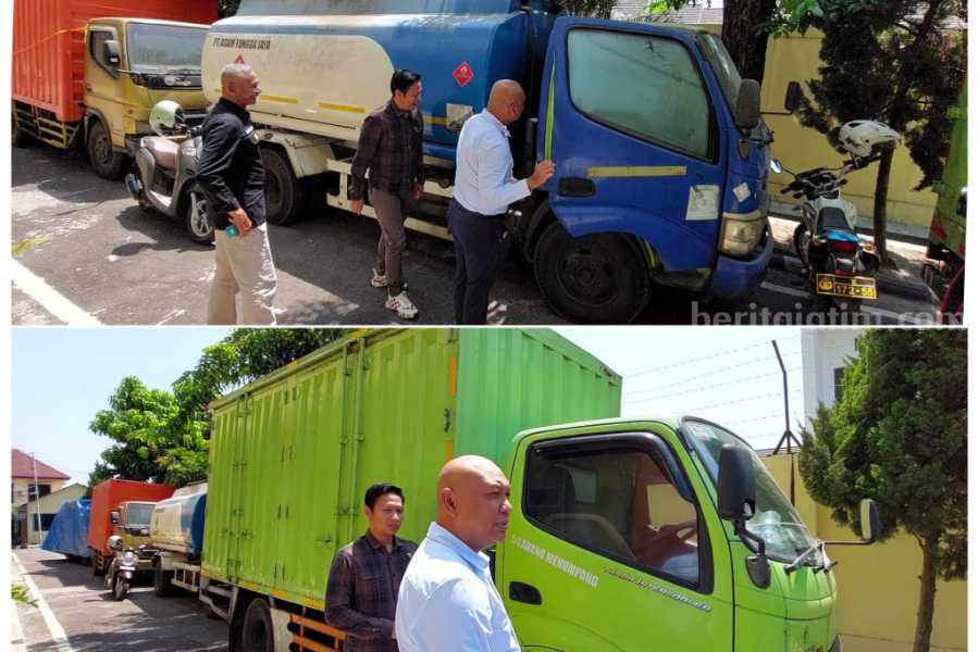 Dua kendaraan yang digunakan perushaan otobus untuk mengangkut solar tanpa izin yang diamankan di Polres Magetan.