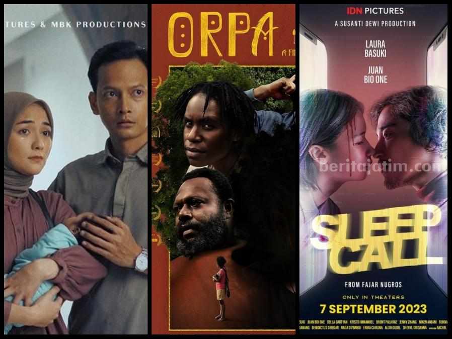Poster "Air Mata di Ujung Sajadah", "Orpa", dan "Sleep Call" (dari kiri), film yang tayang pada Kamis (7/9/2023). (Sumber foto: Instagram @airmatadiujungsajadahfillm, @filmorpa dan @sleepcall.film)