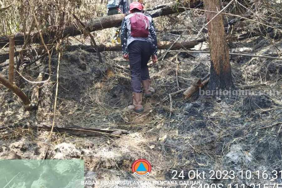 Petugas gabungan saat patroli di kawasan terdampak kerhutla Gunung Lawu di Magetan, Selasa (24/10/2023) [foto: BPBD Magetan]