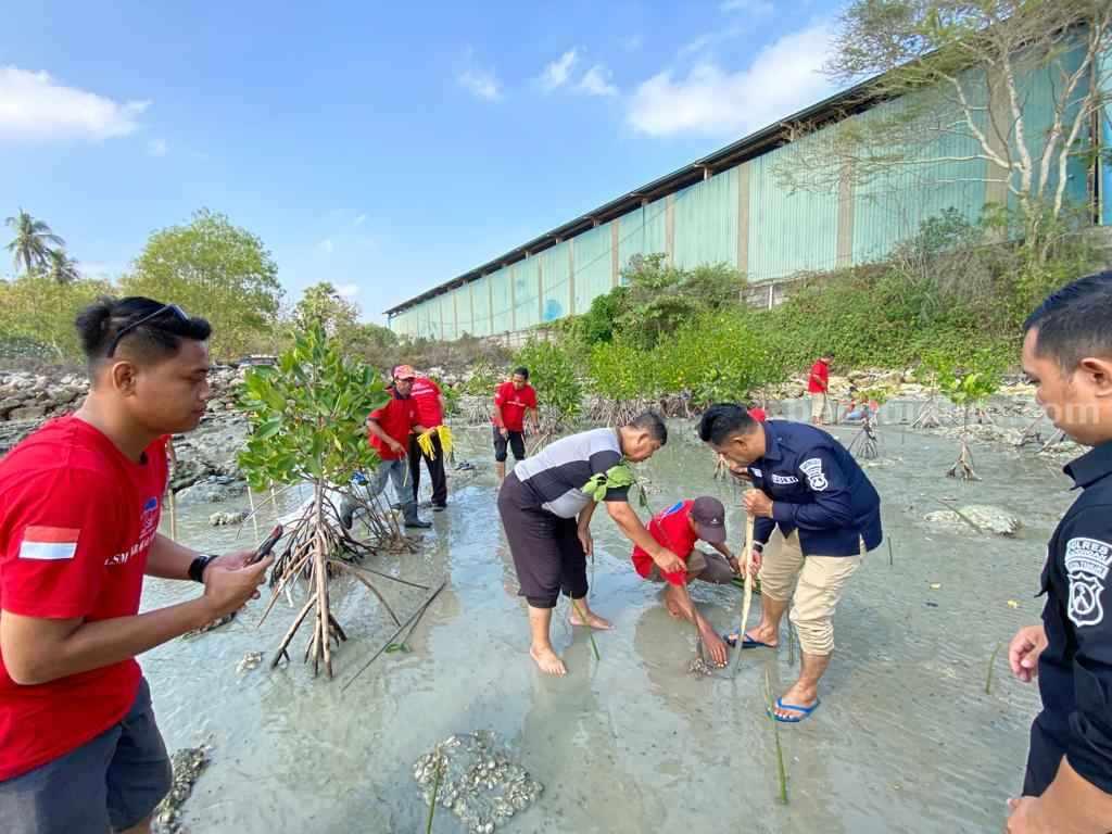 Aksi tanam 300 pohon mangrove yang digelar Polres Lamongan di bibir pantai Kecamatan Paciran Lamongan.