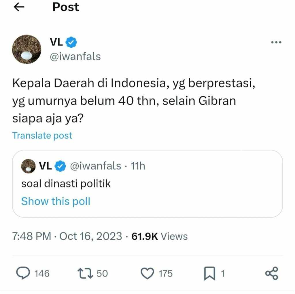 Pasca Putusan MK, Iwan Fals Buat Polling, Netizen Sebut Nama Emil Dardak Tangkap layar cuitan Iwan Fals di akun X-nya.
