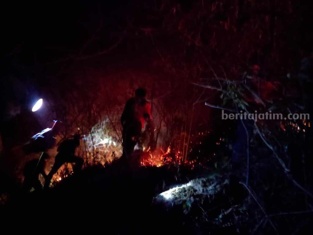 Tim gabungan memadamkan api di lereng Gunung Penanggungan. [Foto : ist]