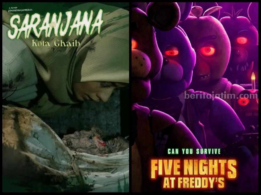 Poster Saranjana: Kota Ghaib dan Five Nights at Freddy's, film yang trending saat ini. (Sumber foto: Instagram/saranjanakotaghaib)