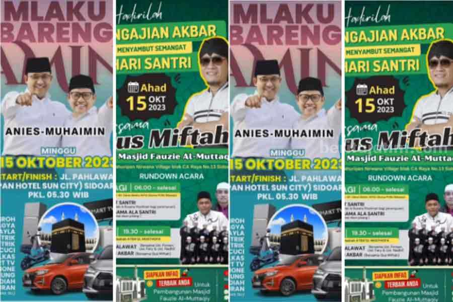 Minggu Lusa, Mlaku Bareng Amin dan Jalan Sehat Hari Santri Bersamaan di Sidoarjo Poster-poster acara pada tanggal 15 Oktober 2023 di Sidoarjo.