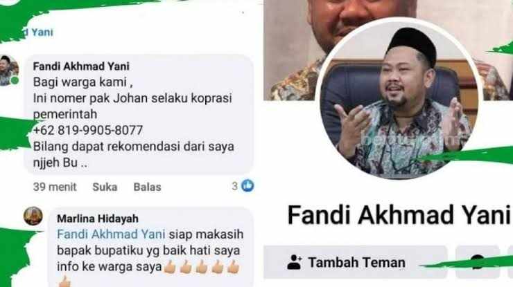 Foto akun facebook palsu dengan mencatut nama Bupati Gresik Fandi Akhmad Yani
