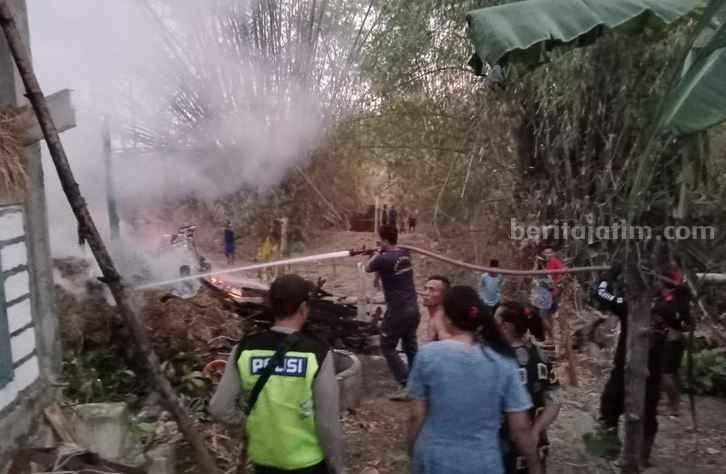 Kandang di Lamongan Ludes Terbakar, 2 Sapi Mati Terpanggang Petugas Damkar Korwil Ngimbang Lamongan bersama warga saat memadamkan api yang membakar kandang sapi di Kecamatan Sambeng.