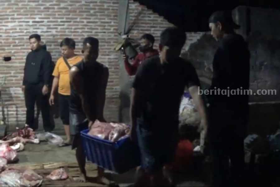Petugas saat menggerebek lokasi usaha sapi gelonggngan milik Sunarto di Desa Pupus, Lembeyan, Magetan, Sabtu (18/11/2023) [foto: Polres Magetan]