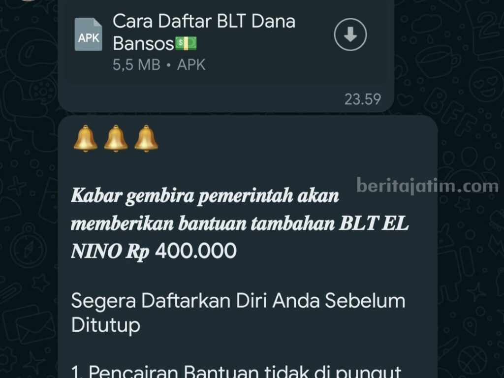 Foto: tangkapan layar pesan modus penipuan dengan pemberian bantuan BLT.