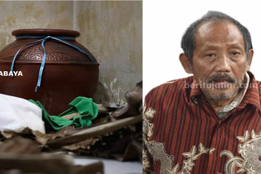 Gentong 'ajaib' pengganda uang dan mbah Suhari ketika diamankan di Polrestabes Surabaya.