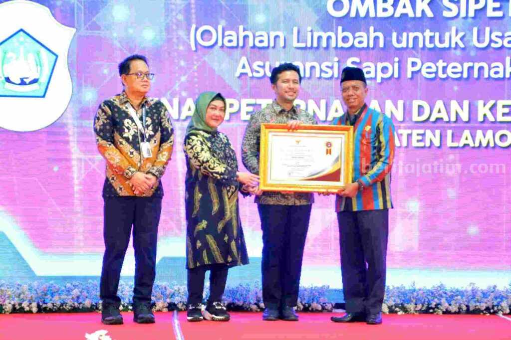 Sekda Lamongan, Nalikan saat menerima penghargaan Top 30 Kovablik Jatim 2023 dari Wagub Emil, berkat inovasi Ombak Si Petra.