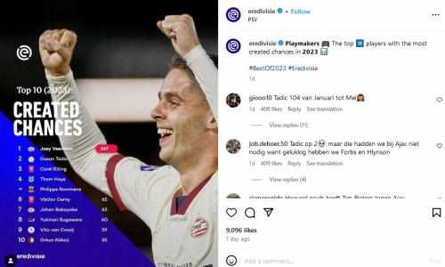 Thom Haye menduduki posisi empat pencetak peluang terbanyak di sepanjang 2023. (Foto: Instagram/@eredivisie