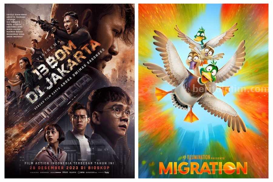 Poster "13 Bom di Jakarta" dan "Migration", film yang sedang trending di akhir tahun. (Sumber foto: Instagram/13bomdijakartafilm/migrationmovie)