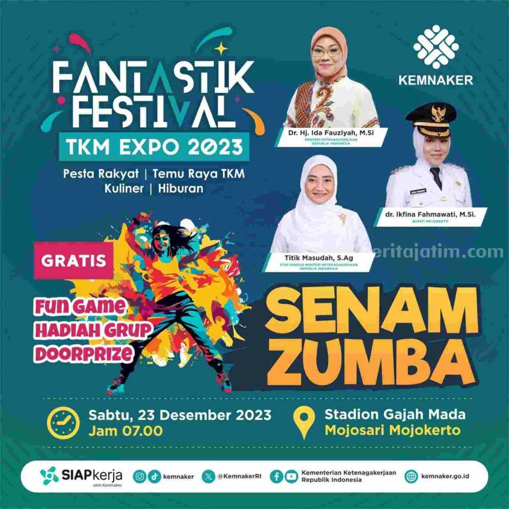Banner TKM Expo Kemnaker RI 2023 di Stadion Gajah Mada, Kecamatan Mojosari, Kabupaten Mojokerto, 22-23 Desember 2023. [Foto : ist]