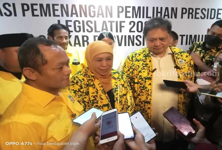 Ketua DPP Partai Golkar Airlangga Hartarto,Gubernur Jatim Khofifah dan Ketua DPD Partai Golkar Jatim Sarmuji