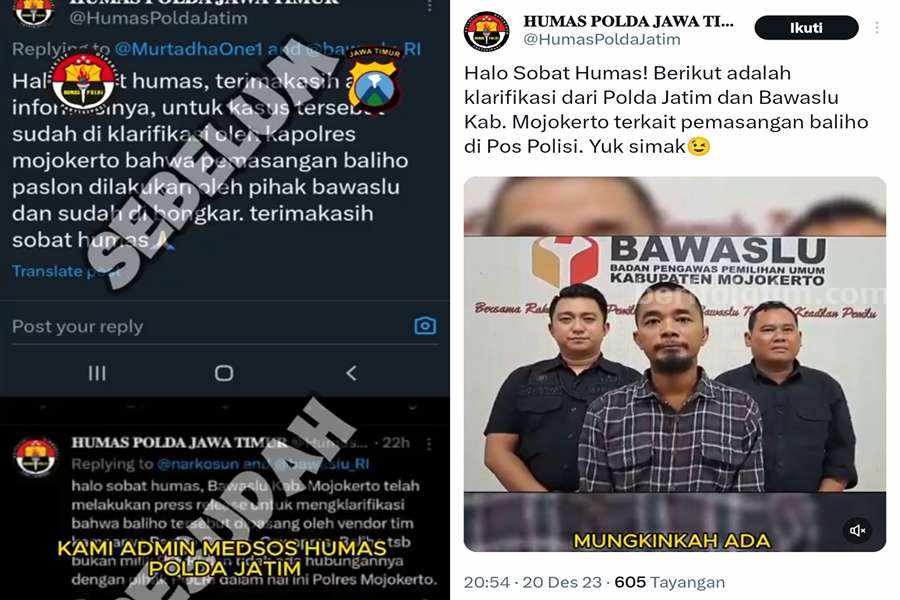 Bidhumas Polda Jatim Minta Maaf ke Bawaslu Mojokerto Potongan gambar akun resmi media sosial X Polda Jawa Timur