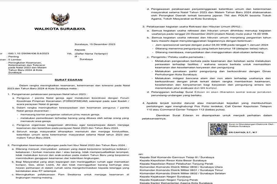 Surat edaran Pemkot Surabaya terkait Nomor 000.1.10/ 29094/ 436.8.6/2023 tentang Peningkatan Keamanan, Ketentraman dan Toleransi pada Natal 2023 dan Malam Tahun Baru (Nataru) 2024 di Kota Pahlawan.