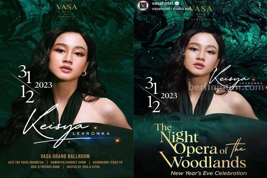 Poster Keisya Levronka yang akan bernyanyi di Vasa Hotel pada malam Tahun Baru 2024.