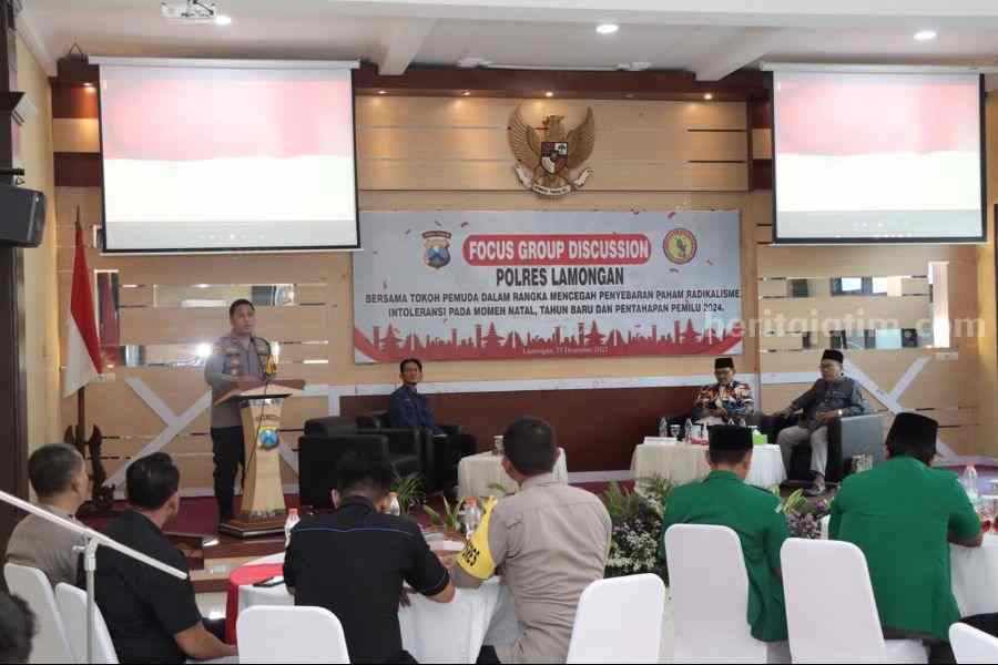 Kegiatan FGD yang digelar oleh Polres Lamongan bersama para tokoh pemuda dalam rangka pencegahan radikalisme jelang Pemilu 2024.