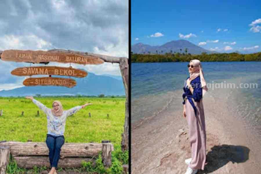 5 Destinasi Wisata Alam Situbondo Cocok Untuk Liburan Nataru Savana Bekol dan Pantai Bilik (dari kiri), destinasi wisata di Situbondo yang bisa dikunjungi saat akhir pekan atau liburan natal dan tahun baru. (Sumber foto: Instagram/mutiiasandraa/dstiarandini)