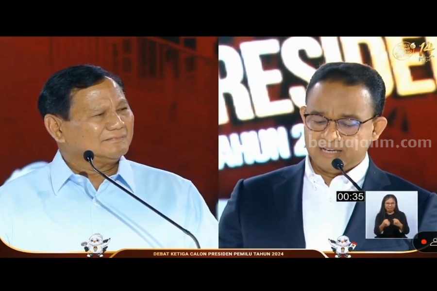 Debat Capres Saling Serang Masih Trending Topik di Medsos Prabowo Subianto dan Anies Baswedan (dari kiri), dalam Debat Capres ketiga, di Istora Senayan, Minggu (7/1/2024).