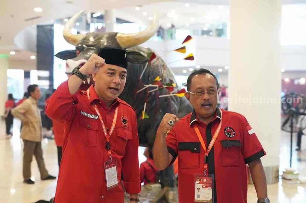 Eri Cahyadi dan Armuji nampak kompak saat menghadiri Rapat Kerja Nasional (Rakernas) V PDI Perjuangan di Beach City International Stadium, Ancol, Jakarta.