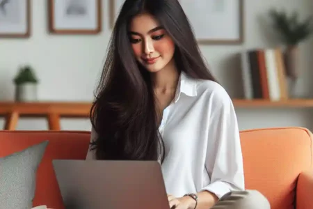 Ilustrasi seorang wanita sedang sibuk menggunakan layanan AI di laptop