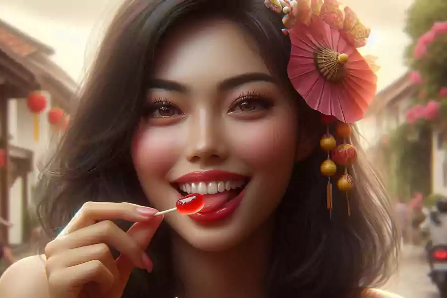 Ilustrasi makan permen jelly kupas.