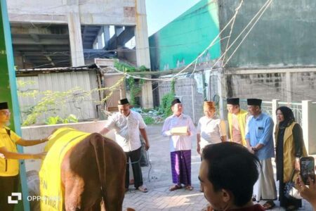 Ketua Golkar Jatim, M Sarmuji saat menyerahkan sapi kurban ke PWNU Jatim
