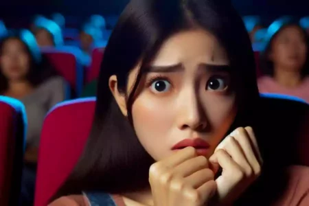 Ilustrasi perempuan takut saat nonton film.