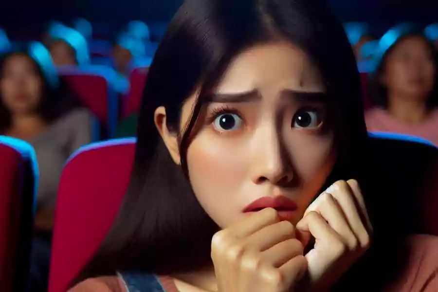 Ilustrasi perempuan takut saat nonton film.