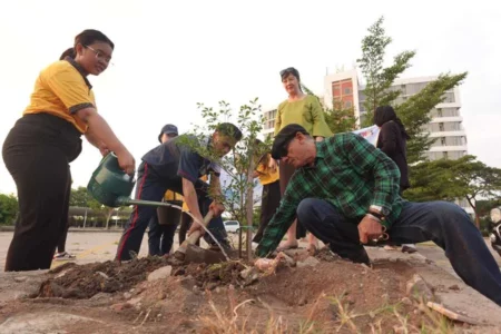 Mahasiswa UKWMS Gelar Reborn Green untuk Lestarikan Lingkungan Penanaman pohon ketapang kencana di kampus UKWMS Pakuwon City, Surabaya.