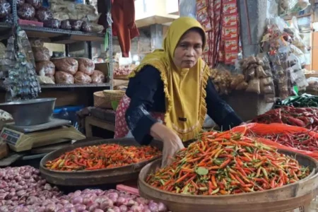 Harga Cabai di Magetan Meroket Lagi,Tomat Anjlok Pedagang cabai di Pasar Sayur Magetan.