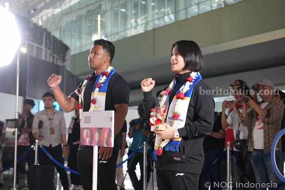 Maryam March Maharani judoka (kanan) telah kembali ke Indonesia setelah bertanding di ajang Olimpiade 2024 di Paris. [Foto: NOC Indonesia/Naif Muhammad Al'as/Canon Indonesia]