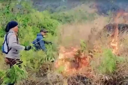 Polisi Investigasi Kebakaran di Lereng Gunung Arjuno Proses pemadaman kebakaran kawasan hutan di Bukit Pager Watu, Kecamatan Singosari, Kabupaten Malang.
