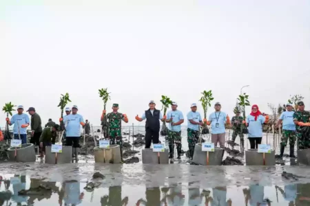 Bupati Lamongan, Yuhronur Efendi, bersama Dandim Lamongan, Pimpinan PT PNM dan masyarakat, menanam pohon mangrove di pantai Desa Sidokelar, Kecamatan Paciran, Jumat (26/7/2024).