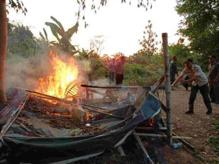 Petugas gabungan membongkar dan membakar arena judi sabung ayam di di Desa Kedungmaling, Kecamatan Sooko, Kabupaten Mojokerto. [Foto : ist]