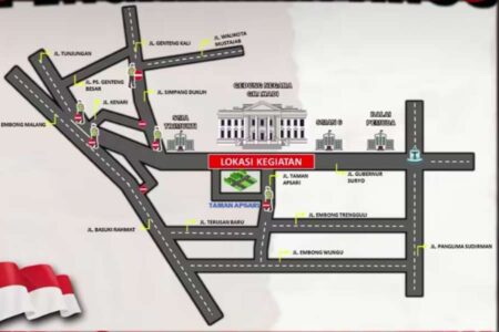 Jalanan Surabaya Ditutup, Begini Pengalihan Arusnya saat Upacara Kemerdekaan Indonesia ke-79 Jalur di sekitar Gedung Negara Grahadi Surabaya yang akan ditutup untuk Upacara Kemerdekaan Indonesia ke-79. (Foto: Satlantas Polrestabes Surabaya)