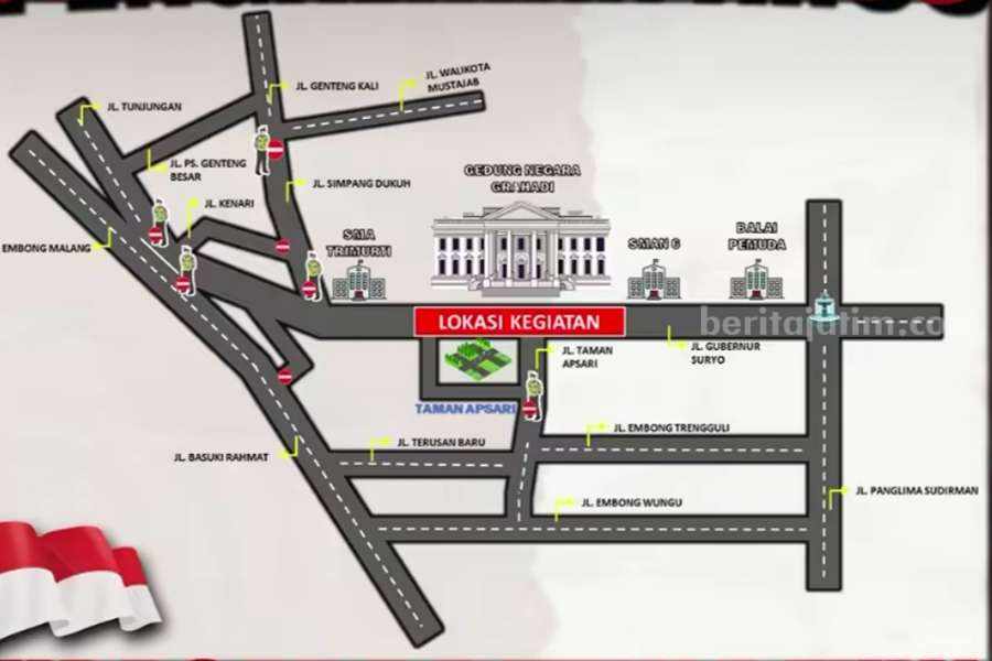 Jalur di sekitar Gedung Negara Grahadi Surabaya yang akan ditutup untuk Upacara Kemerdekaan Indonesia ke-79. (Foto: Satlantas Polrestabes Surabaya)