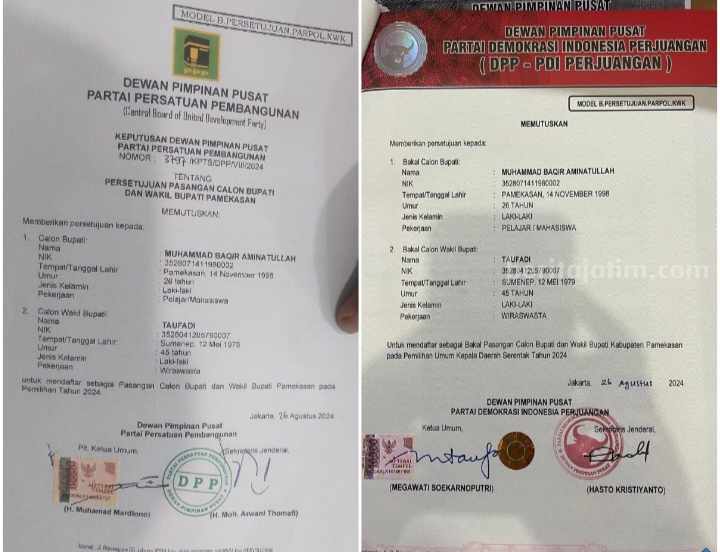 Surat Rekomendasi PDI Perjuangan dan PPP di Pilkada Pamekasan.