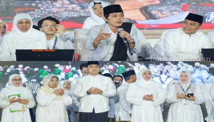 Potret Khofifah Indar Parawansa, Eri Cahyadi, dan Gus Iqdam Cholid, dalam acara Maulud Nabi Muhammad SAW di Jatim Expo Surabaya, Minggu (9/9/2024). (Instagram/khofifah.ip)