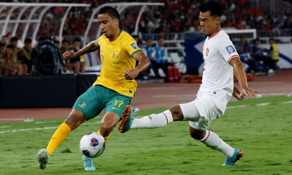 Pertandingan antara tim nasional (Timnas) Indonesia dengan Australia berkesudahan dengan skor imbang tanpa gol pada Selasa (10/9/2024). Foto: Reuters
