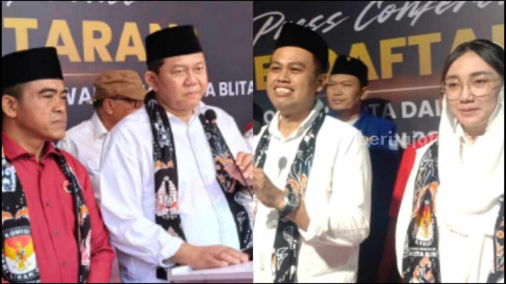 pasangan Cawali-Cawawali Blitar, Bambang Rianto-Bayu Setyo dan Syauqul Muhibbin-Elim Tyu Samba. Selasa (17/9/2024). (foto : Winanto/beritajatim.com)