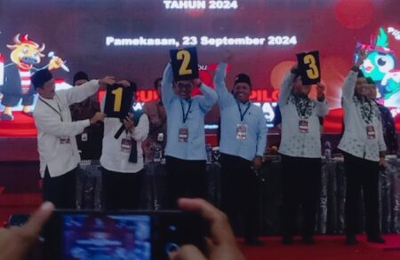 Pesan KH Kholilurrahman usai Ambil Nomor Urut, Niat Baik Bikin Pamekasan Berkembang Suasana Pleno Terbuka Penetapan Nomor Urut Paslon Pilkada 2024, yang digagas KPU Pamekasan, di Ballroom Azana Style Hotel Jl Jokotole 282 Pamekasan, Senin (23/9/2024).