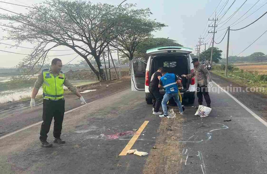 Foto anggota Satlantas Polres Gresik saat melakukan olah TKP kecelakaan di Jalan Raya Cerme Gresik.