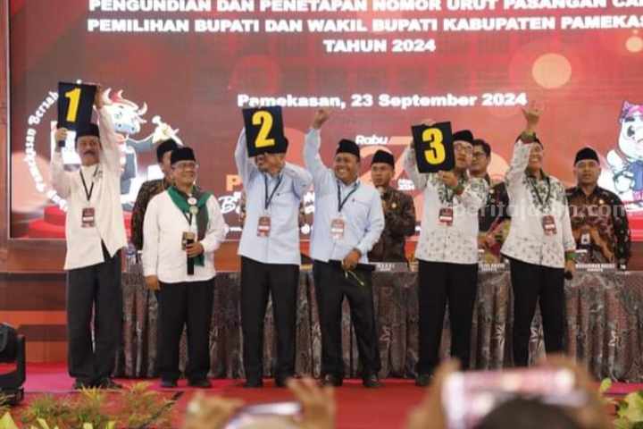 Tiga Paslon Pilkada Pamekasan, TAUHID, KHARISMA dan BERBAKTI saat pengembalian nomor urut paslon di Ballroom Azana Style Hotel Pamekasan.